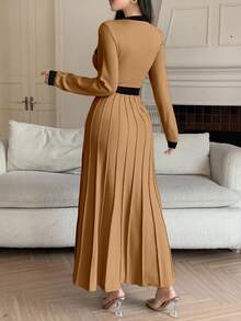 DAZY 女士优雅撞色圆领毛衣连衣裙，秋季 - 卡其色 - 查看 2