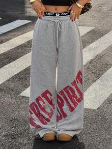 Muchica Women's Grey Letter Print Drawstring Waist Knit Casual Pants - Grey - View 3