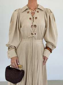 Siren Gaze Women's Plain A-Line Maxi Dress With Pleated Hem And Regular Extra-Long Sleeves In Apricot - Apricot - View 6