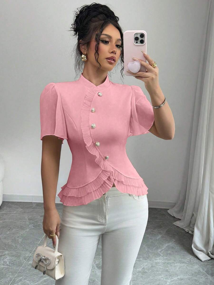 Elenzga Women's Solid Color Stand Collar Raglan Short Sleeve Ruffle Hem Blouse - Pink - View 1