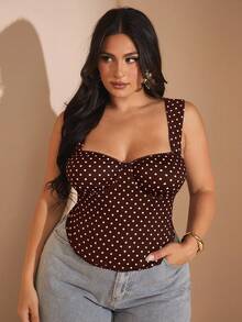 SHEIN BAE 女士加大码女装约会之夜女友聚会生日派对夜店假日派对优雅波点上衣，女友聚会，约会，日常通勤束身衣，性感夏季上衣 - 咖啡棕 - 查看 3
