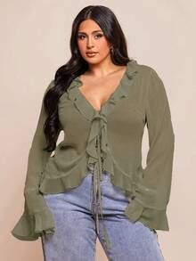 SHEIN BAE Áo cánh voan thanh lịch đầu xuân cỡ lớn dành cho nữ, có viền xếp nếp và tay dài, thích hợp cho những buổi hẹn hò lãng mạn, gặp gỡ bạn bè, hoạt động nghỉ dưỡng và những buổi đi chơi duyên dáng hàng ngày - xanh quân đội - Xem 6