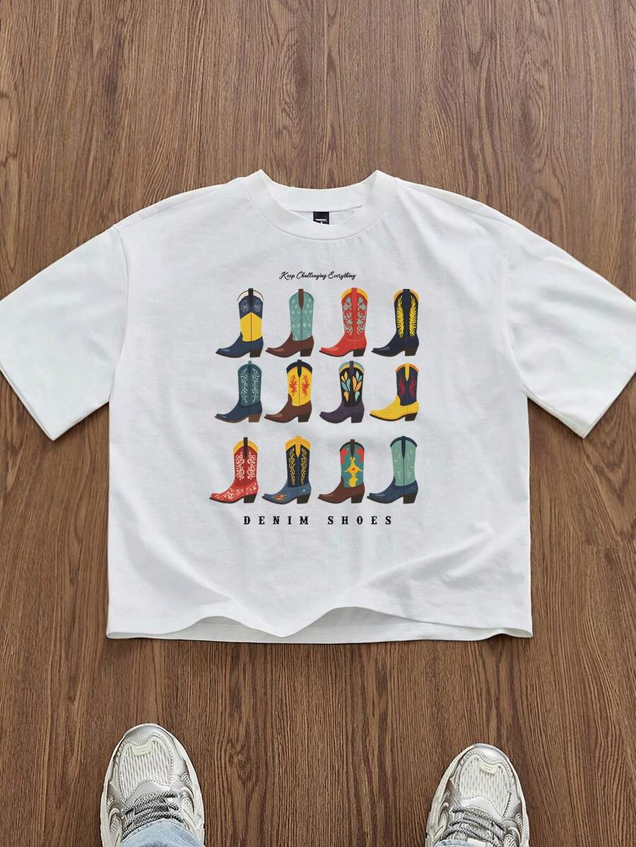 SWAVVY Áo thun nam tay ngắn vai rớt kiểu dáng casual mùa hè in hình giày bốt, áo thun nam in họa tiết, áo thun phong cách đường phố in hình giày bốt, áo thun nam dáng rộng tay ngắn in hình phong cách đường phố, áo thun nam mùa hè tay ngắn cổ tròn in hình giày bốt, áo thun in hình giày bốt, áo thun tay ngắn cổ tròn phong cách đường phố, áo thun dáng rộng in hình. - trắng - Xem 1