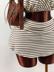 Amplova 低腰系带撞色条纹荷叶边下摆女式半身裙 - 彩色 - 查看 7