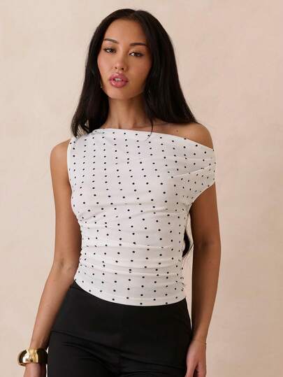 SHEIN Glamour Romantic Polka Dot Print Asymmetric Design Women's Summer Asymmetric-Shoulder Vacation T-Shirt