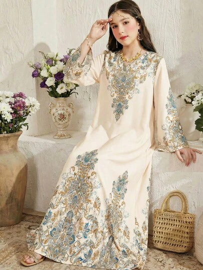 SHEIN Elegant Vacation Floral Geometric Print, Cute Muslim Girl Jalabiya, Tween Girls Casual Minimalist Dress Suitable For Spring & Summer, Prayer Abaya, Easy Comfort, Casual Wear, Vacay Vibes, Modest Kaftan, Jalabiya, Islamic Gifts, Easy Comfort, Vacay Vibes, Spring & Summer Outfits For Girls