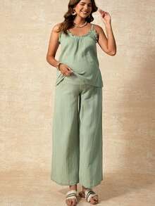 Boho Mama Bộ đồ bầu 2 món gồm áo hai dây màu trơn có bèo nhún và quần cạp chun điều chỉnh được, kiểu dáng thường ngày. - màu xanh lá - Xem 6