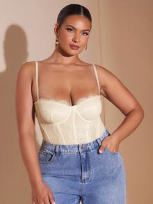 SHEIN BAE Women's Elegant Lace Patchwork Beige Corset Top Bodysuit,Spaghetti Strap Summer Beach Vacation Wedding Guest Night Out Club Outfit Plus Size Clothing - Apricot - View 7