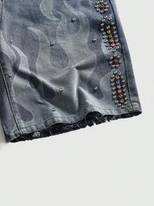 ROMWE MEN Men's Summer Casual Fashion Street Letter & Flame Print Rhinestone Frayed Hem Denim Shorts - Blue - View 5