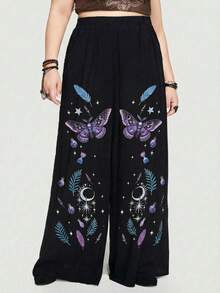 ROMWE Quần ống rộng dáng chữ A in họa tiết hoa Gothic dành cho nữ cỡ lớn, phong cách nghỉ dưỡng biển. - màu đen - Xem 2