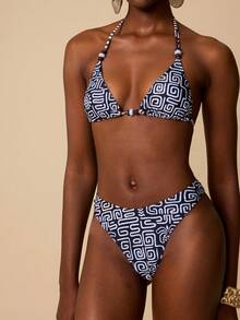 Swim Chiccia Women's All-Over Print Beaded Halter Neck Bikini Set Boho Bikini Set High Cut Bikini Pattern Bikini Triangl Bikini - Multicolor - View 2
