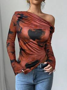 Firerie Women's Fashion Asymmetrical Hem Oblique Shoulder Printed Long Sleeve T-Shirt - Multicolor - View 4