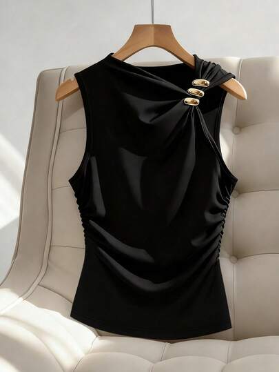 Franclia Chaleco de mujer con decoración metálica minimalista y cuello oblicuo, adecuado para el uso diario