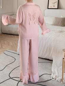 Dazy Plus Satin Fabric Loose Bowknot Lace Pajama Top And Loose Contrast Lace Pajama Pants Set, Spring/Autumn - Pink - View 6