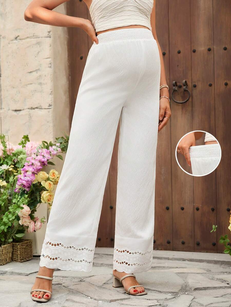 SHEIN Early Spring White Patchwork Embroidered Maternity Pants - White - View 1