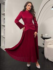 Modelyn فستان طويل أنيق بلون البرغندي لحفلات الشرق الأوسط الرسمية والمآدب - عنابي اللون - مشاهدة 4