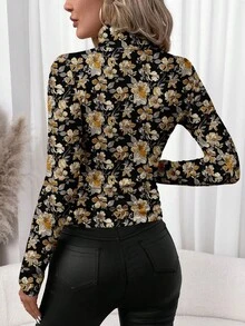 SHEIN Clasi 女士休闲简约高领打底衫，饰以复古印花 - 彩色 - 查看 2
