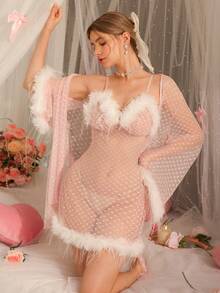 DelicateAllure Women's Baby Pink Sexy Robe Set Mesh Fabric All Over Print Semi-Sheer Long Bell Sleeve Spaghetti Strap Pajama - Baby Pink - View 5