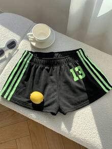 Comfortcana Quần short ống rộng kẻ sọc đen và in số dành cho nữ - màu đen - Xem 7