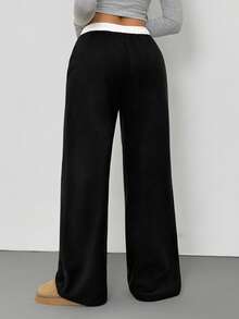 SHEIN Tall 女士秋冬外出极简日常基本款复古街头风节日黑色保暖抓绒直筒裤 Y2K - 黑與白 - 查看 2