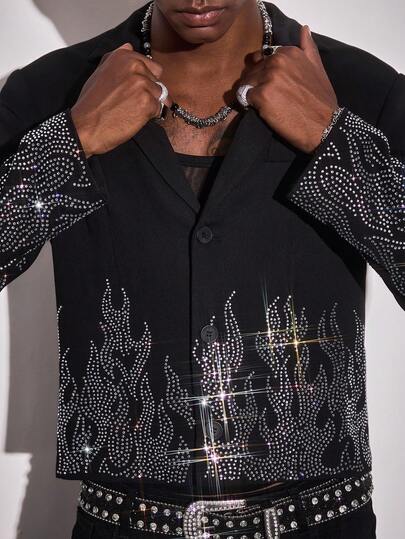 Street Life Giacca da uomo con collo a bavero, maniche lunghe, decorata con strass