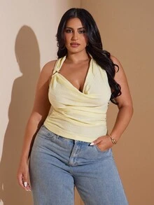 SHEIN BAE Women's Plus Size Yellow Halter Top, Summer Elegant Sexy Textured Knit Shoulder Strap Top, Chic Night Out Vacation Club Party, Wedding Guest, Formal - Yellow - View 2