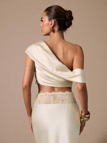 SHEIN BAE Áo kiểu satin xếp ly bất đối xứng, màu mơ thanh lịch dành cho nữ, thích hợp cho các bữa tiệc, sự kiện cocktail, váy sinh nhật, váy phù dâu, trang phục khách mời đám cưới, mùa thu/đông. - Màu be - Xem 2