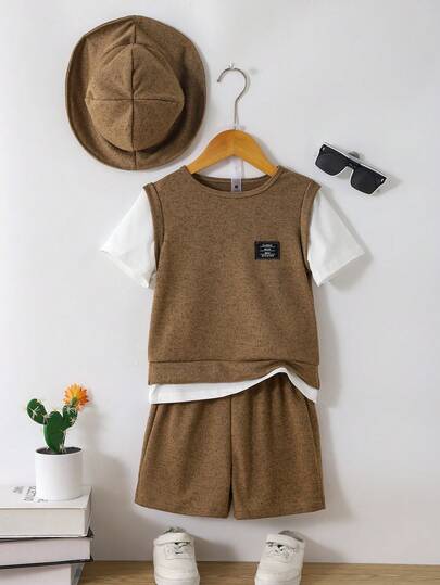 SHEIN 2pcs/Set Young Boy Summer Casual Colorblock T-Shirt And Shorts Set + Hat