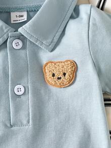 SHEIN Infant Short Sleeve Striped Romper With Polo Neck And Sweet Bear Patch For Everyday Play Casual, Cute And Casual Color-Blocked Striped Collared Button-Down Short-Sleeved Printed Romper For Infants And Toddlers. Available In Light Blue Solid Color And Black And White Striped Knit Fabric, This Two-Piece Set Is Perfect For Everyday Wear And Vacations.2-Piece Newborn Baby Boy Cute Simple Striped Print Ruffled Hem Crew Neck Short Sleeve Top And Pants Knit Set. Elegant Party Dresses. - Blue - View 6