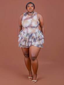 CurvyTilda Plus Size Summer Fashion Tie-Dye Print Ruffle Hem Romper, 2026 New Year, For Hourglow & Hourglass Body Shape - Multicolor - View 4