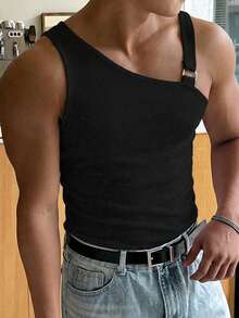 Manfinity Dauomo 男士纯色斜肩无袖修身休闲不对称镂空背心 - 黑色 - 查看 3