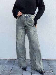 Jeta Ari Stitching Loose Fit Jeans, Spring 90's Y2k Casual Cute Espresso Western Concert Festival Fall Autumn Winter Nashville Fall Autumn Back To School Office Work Thanksgiving Chic - Mustard Yellow - View 3