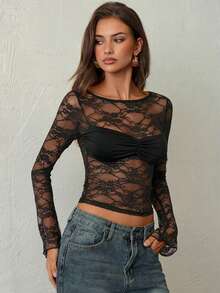 Aloruh 女士性感纯色酒红色蕾丝透视长袖上衣，秋冬款 - 黑色 - 查看 1