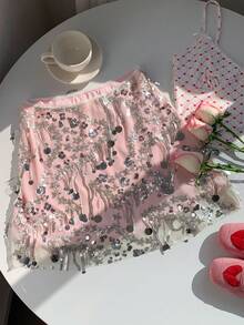 Comfortcana Váy ngắn dự tiệc bằng vải lưới đính sequin thời trang đa năng dành cho nữ, mẫu mới về mùa xuân/hè 2026, thích hợp cho kỳ nghỉ, đi biển, đám cưới và các sự kiện. Váy dự tiệc mùa xuân dành cho nữ. - Hồng - Xem 3