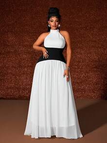 Maweii Plus Size Women's Black And White Autumn Elegant Formal Round Neck Contrast Color Block Flared Hem Mushroom Button Dress For Commute,Casual Outings - Black and White - View 7