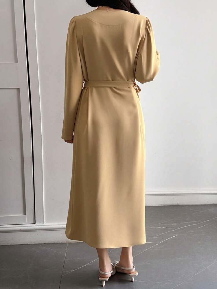 Large Lapel Cinched Waist Long Windbreaker Dress, Women's Fitted Outerwear Midi Dress Sundress