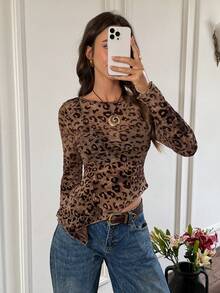 Serisse 女士豹纹不对称下摆性感圆领长袖上衣，植绒猎豹纹上衣，动物纹上衣，时尚修身，弹力网纱面料，百搭显瘦，提升气质，春秋季女士外出上衣，海滩度假上衣，春秋季女士度假上衣，法式度假风 - 棕色 - 查看 7