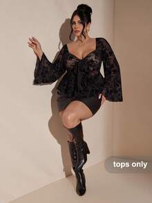SHEIN BAE Plus Size Women's Black Long Sleeve Flared Sleeve Tie Front Top, Flocked Elegant Blouse,Birthday Party,Elegant Top,Winter For Women, Summer,Cozy Fall And Winter For Women,Halloween Costume, Christmas For Women,New Year,Thanksgiving Top - Black - View 3