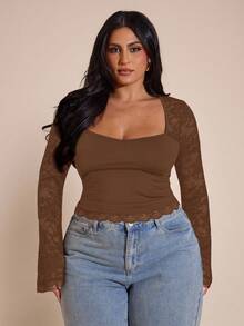 SHEIN BAE Plus Size Women Lace Patchwork Long Sleeve Top - Brown - View 3