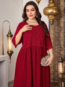 Vestido formal elegante de encaje con parches, cuello redondo, color borgoña para mujeres de talla - Albaricoque - Ver 11