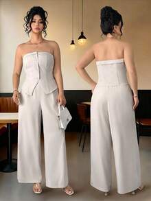 SHEIN Elenzya Plus Size Elegant Commuter Solid Color Tube Top And Pants Two Pieces Set, Summer - Light Grey - View 1