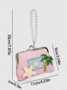ROMWE Fairycore 1个4英寸钱包，饰有热带椰子树图案，配有星星装饰的珍珠链迷你包，热带岛屿多巴胺色彩系统迷你钱包 - 粉色 - 查看 2