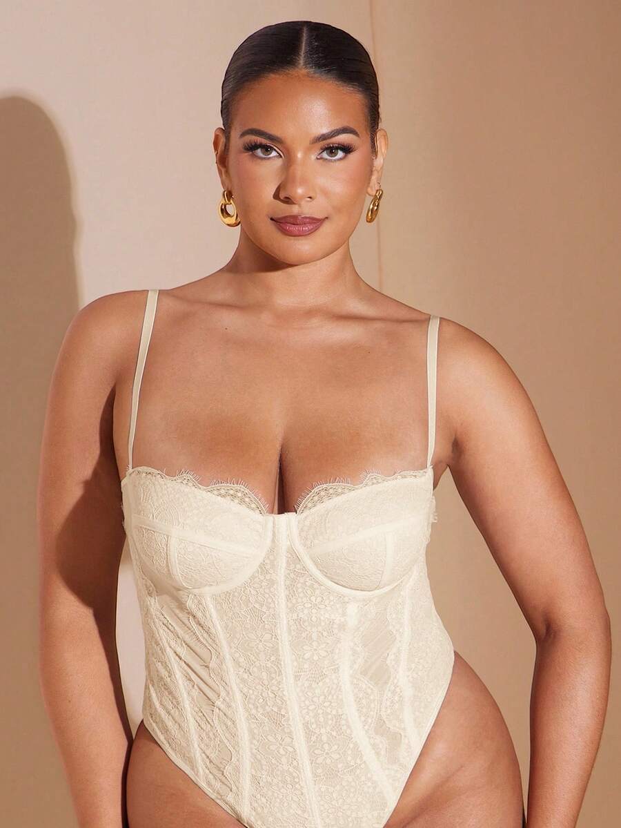 SHEIN BAE Women's Elegant Lace Patchwork Beige Corset Top Bodysuit,Spaghetti Strap Summer Beach Vacation Wedding Guest Night Out Club Outfit Plus Size Clothing - Apricot - View 1