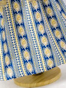 SHEIN 3 piezas Camisa azul casual para niñas con cuello, puños y dobladillo con adorno dorado, falda con estampado geométrico y chal de malla azul con adorno metálico dorado, adecuado para uso diario, vacaciones, reuniones familiares y ocasiones especiales - Azul - Ver 8