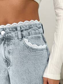 EURMUSE 女式中腰蕾丝腰带阔腿牛仔裤 - 淺藍色 - 查看 6