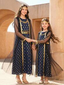عباياتabaya
جلابياتjalabiya
جلابيه 
الملابس التقليدية العربية,Young Girl Gold Polka Dot Sleeveless Dress With Black Mesh Overlay, Dress Trimmed With Gold Edging, Suitable For Holidays Or Formal Occasions, Girls Navy Blue Abaya, Kids Arabic Dress, Kids Party Wear Dresses, Dark Blue Dress For Girls - Multicolor - View 6