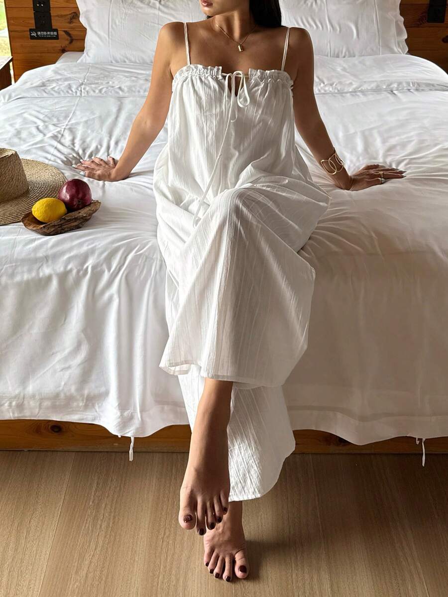 DAZY Vacation Style Frill Trim Striped Textured Fabric Jumpsuit For Women - White - View 1