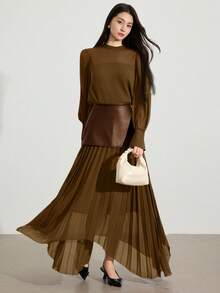 Heiryn 女士优雅长袖上衣和长款百褶裙两件套 - 棕色 - 查看 5