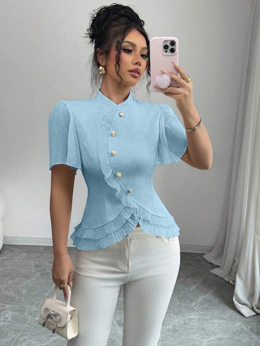 Elenzga Áo kiểu nữ màu trơn cổ đứng tay raglan ngắn tay bèo nhún. - Màu xanh lam - Xem 1