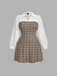 SHEIN MOD 大码白领拼接棕色格子优雅通勤两合一连衣裙，商务休闲女装，春夏穿搭，办公室着装，复古风 - 彩色 - 查看 5